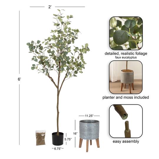 Kate and Laurel 6ft. Eudora Faux Eucalyptus Tree in Gavri Wood & Metal Planter